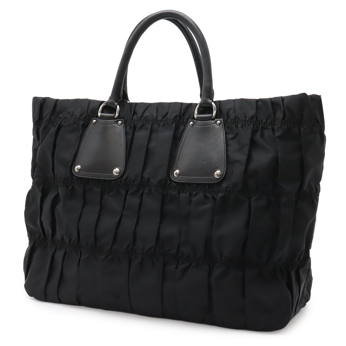 Prada Gathered Tote Large Handbag Nylon Leather Nero Black Silver Hardw — view 2
