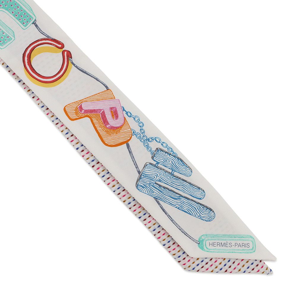 Hermes Scarf Twirl Scope Neon Pointier Embroidery Silk Blanc Rose Vert — view 4