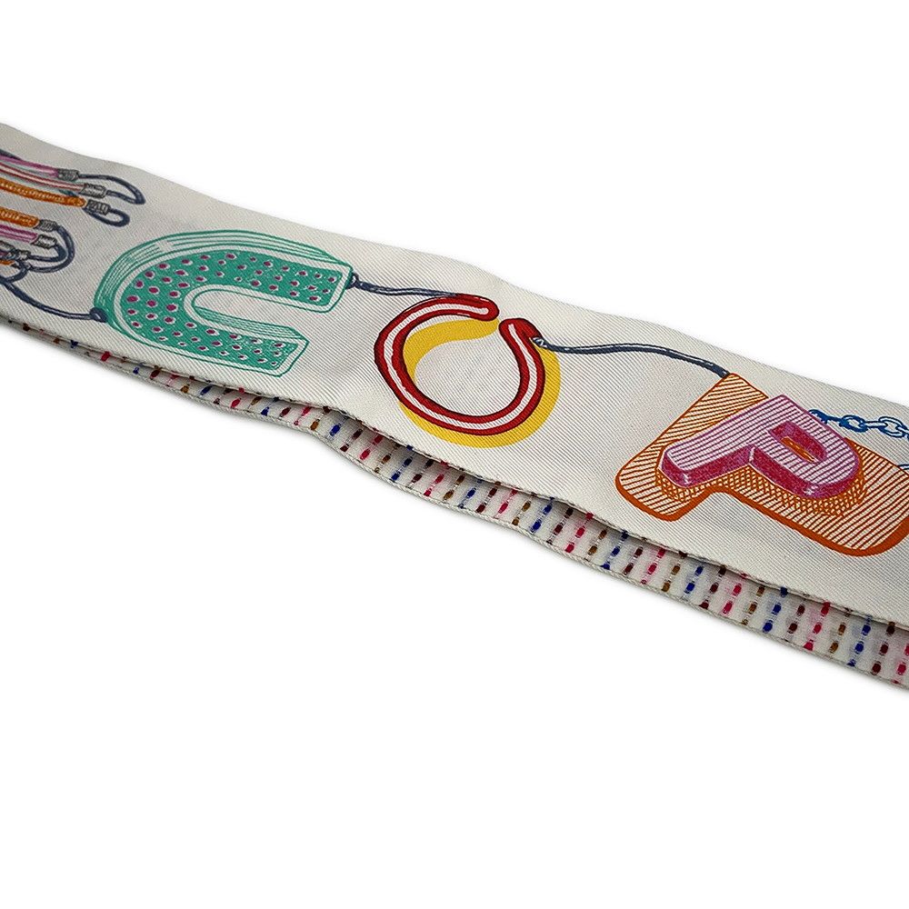 Hermes Scarf Twirl Scope Neon Pointier Embroidery Silk Blanc Rose Vert — view 5