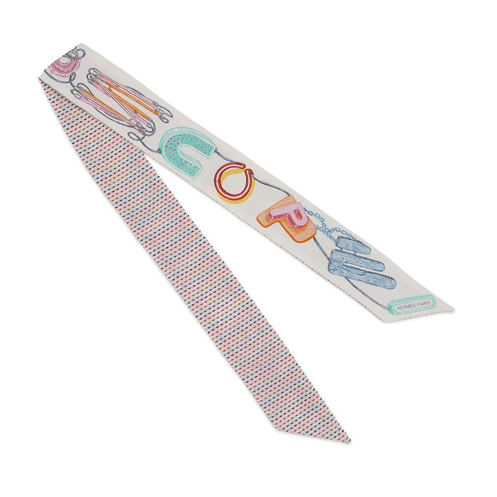 Hermes Scarf Twirl Scope Neon Pointier Embroidery Silk Blanc Rose Vert — view 3