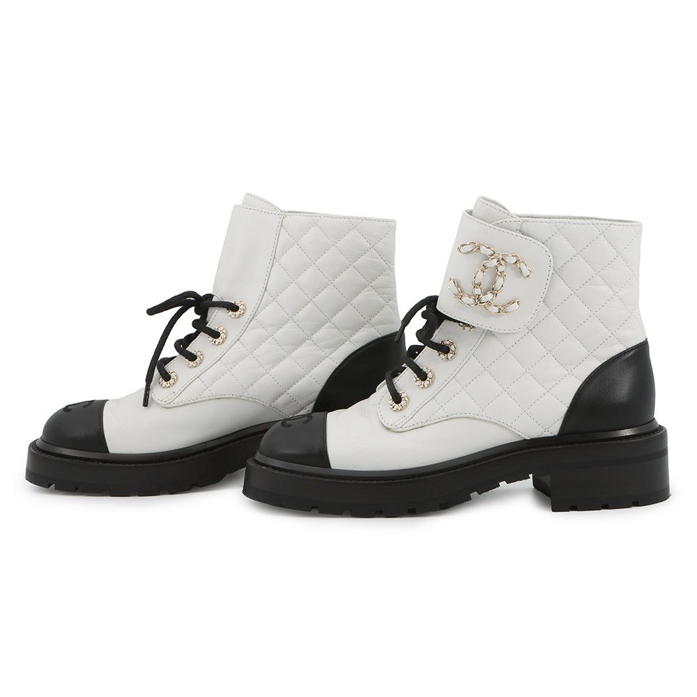 Chanel Short Boots Quilted CC Logo Leather 36 1 2C White Black — view 2