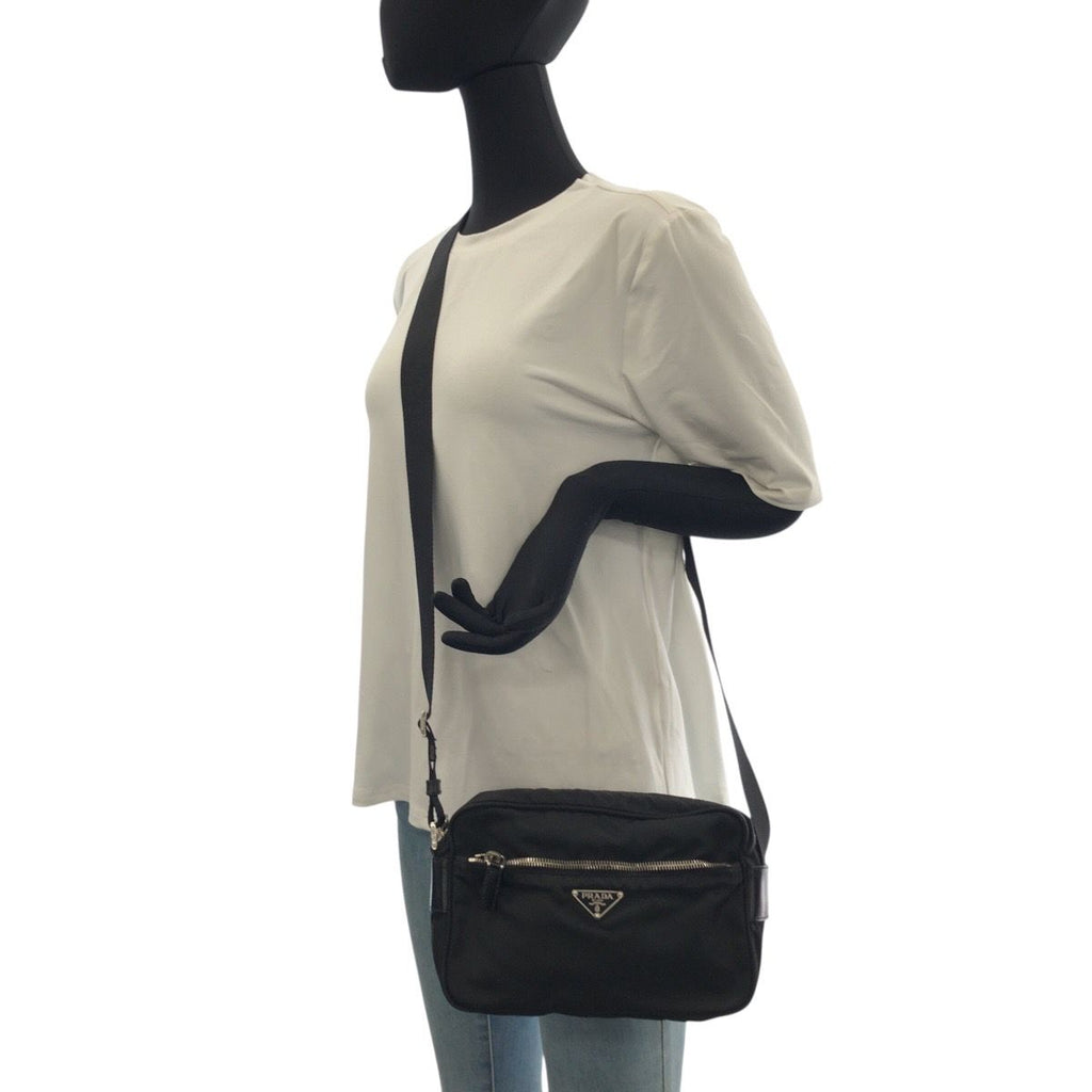 Prada Tessuto Black Silver Nylon Leather Shoulder Bag — view 6