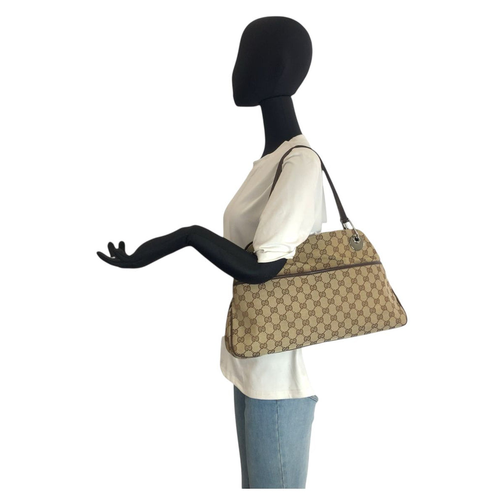Gucci Beige Brown Silver GG Canvas Leather Shoulder Bag Tote — view 6