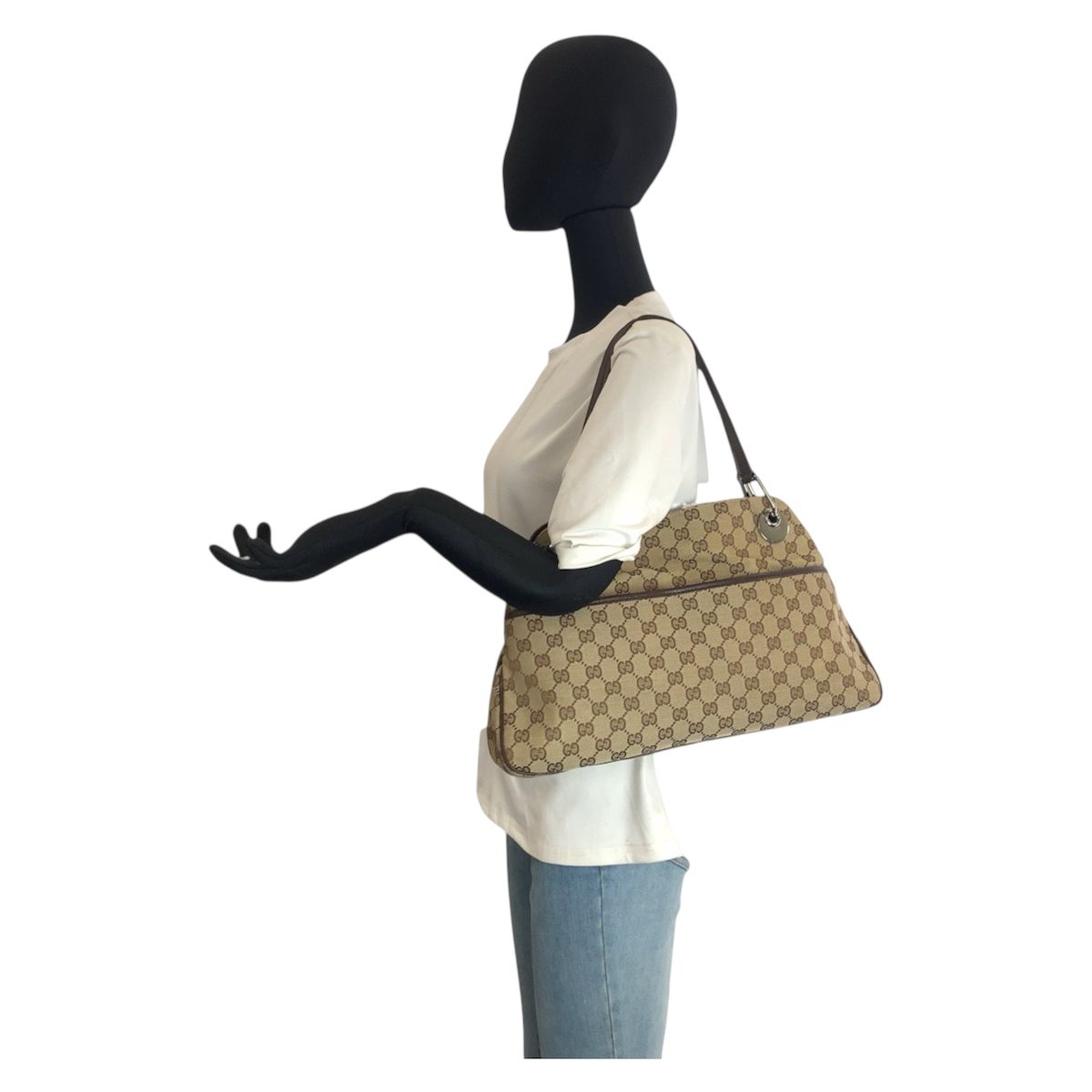 Gucci Beige Brown Silver GG Canvas Leather Shoulder Bag Tote — view 6