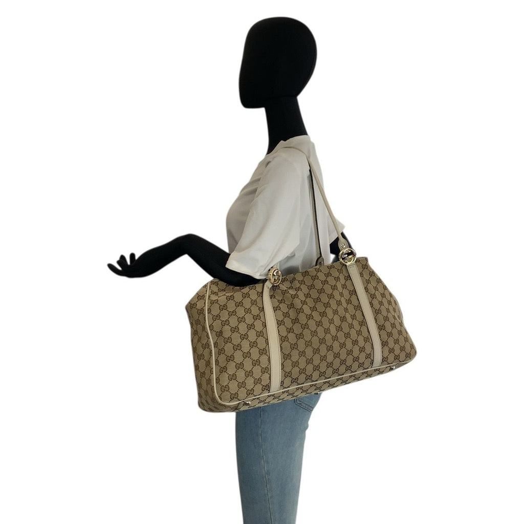 Gucci GG Twins Beige White Gold Canvas Leather Tote — view 7
