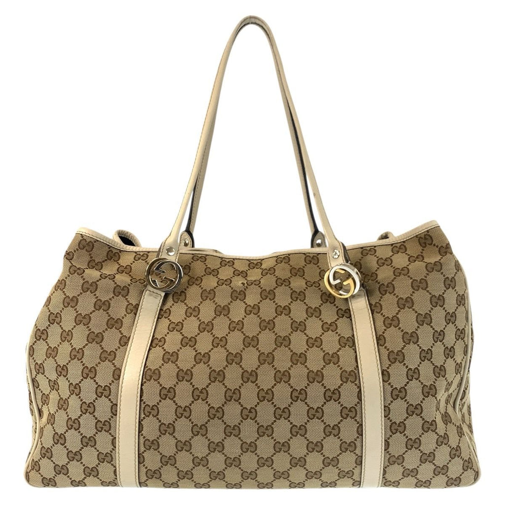 Gucci GG Twins Beige White Gold Canvas Leather Tote — view 2