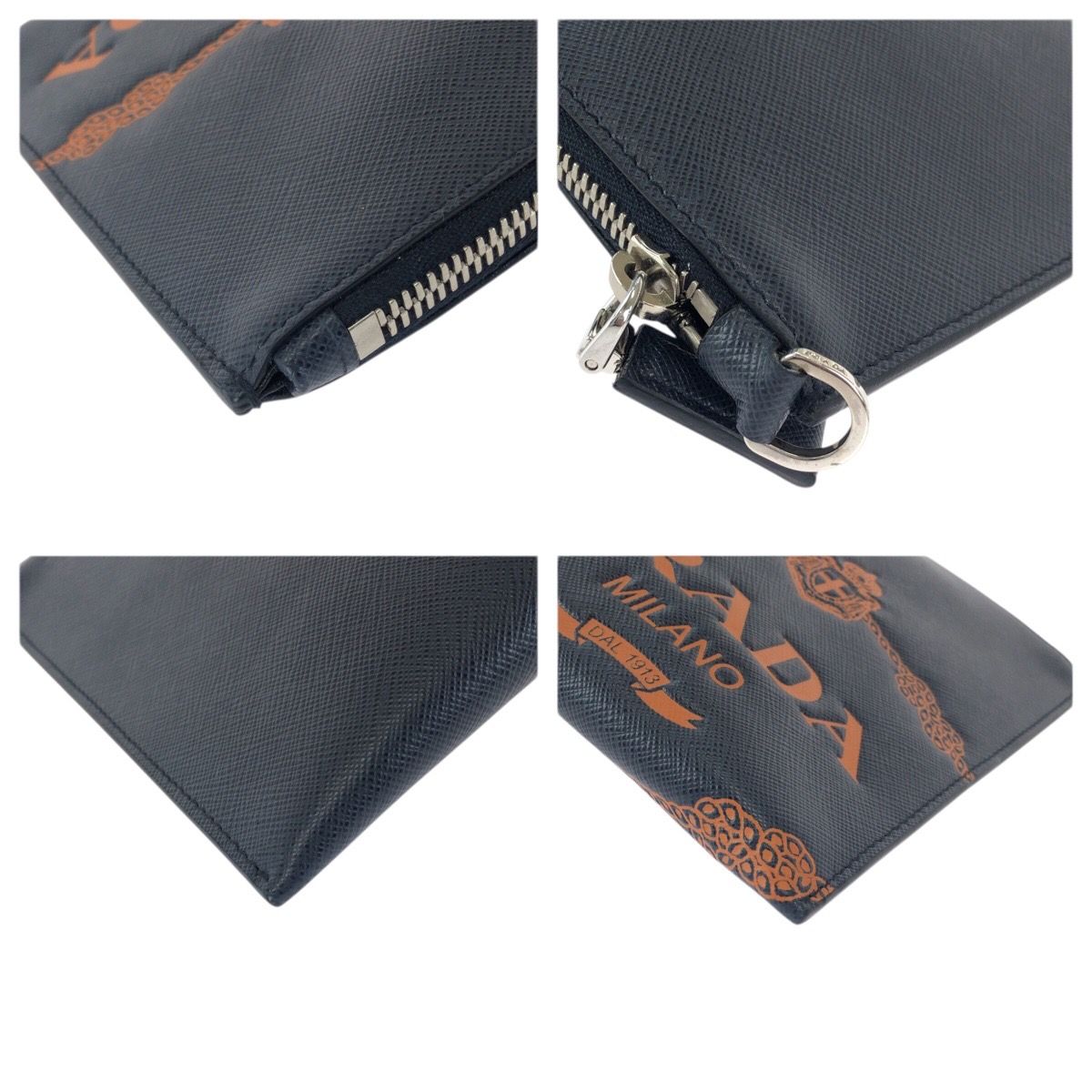 Prada Saffiano Navy Orange Silver Leather Clutch Navyorange — view 4