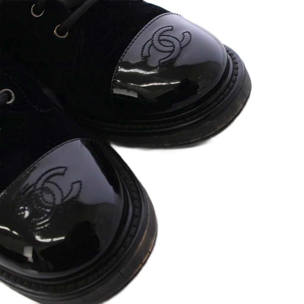 Chanel Lace Up Combat Boots Velvet CC Logo 37C Black — view 4