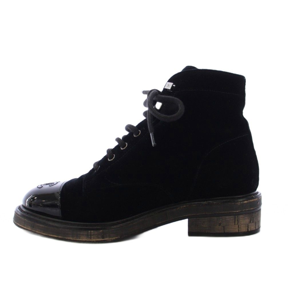 Chanel Lace Up Combat Boots Velvet CC Logo 37C Black — view 2