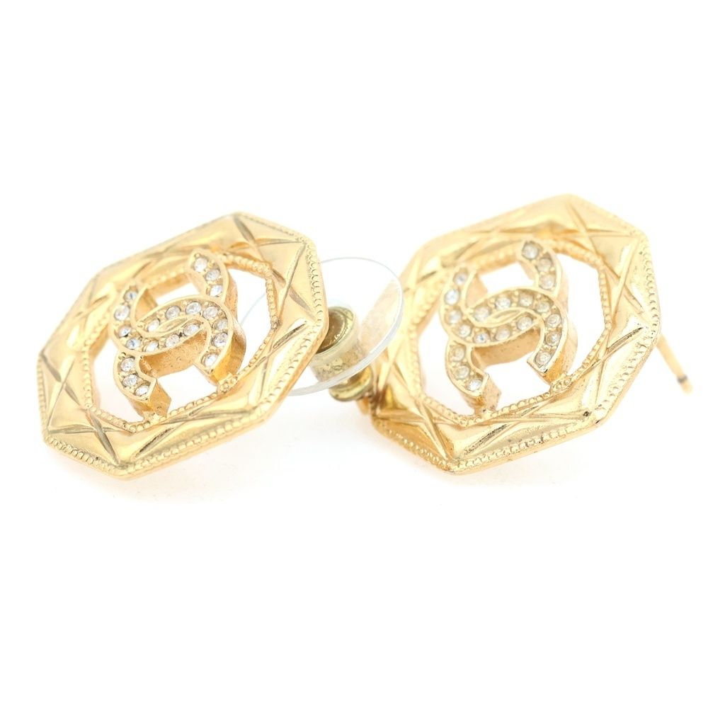 Chanel CC Logo Octagon Strass Rhinestone Earrings Gold — view 4