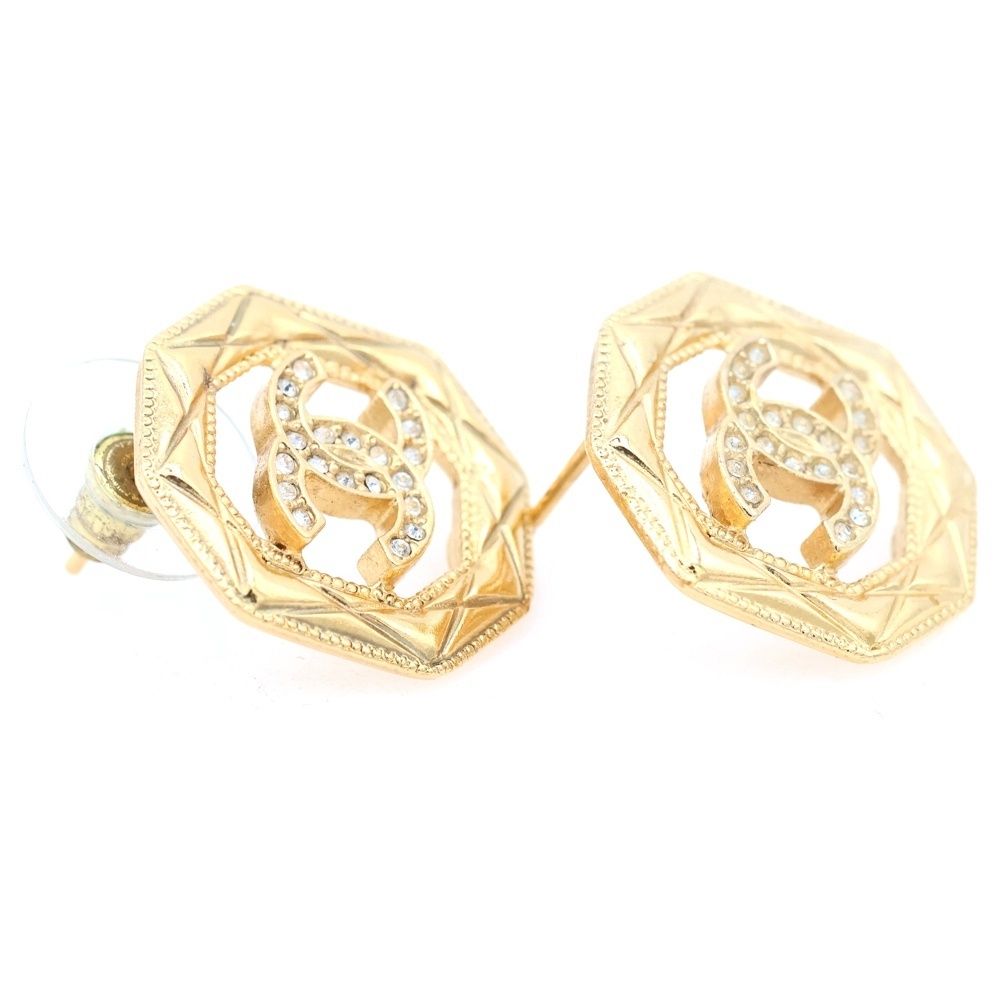 Chanel CC Logo Octagon Strass Rhinestone Earrings Gold — view 3