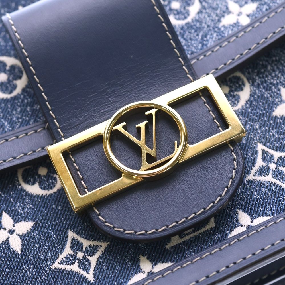 Louis Vuitton Monogram Jacquard Denim Dauphine MM Shoulder Bag Navy Leather Gold — view 5