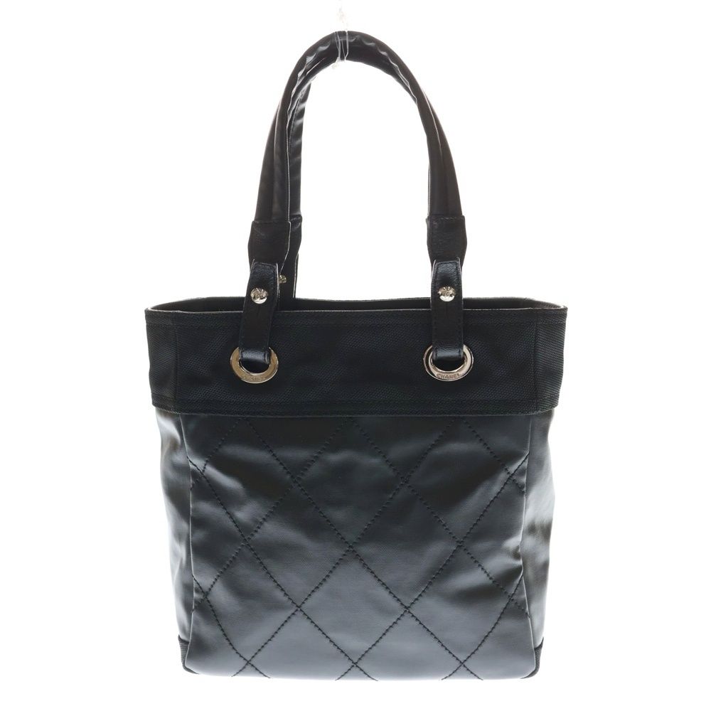 Chanel Paris Biarritz PM Quilted Tote Black Leather Canvas Silver — view 2