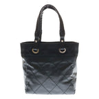 Chanel Paris Biarritz PM Quilted Tote Black Leather Canvas Silver — view 2
