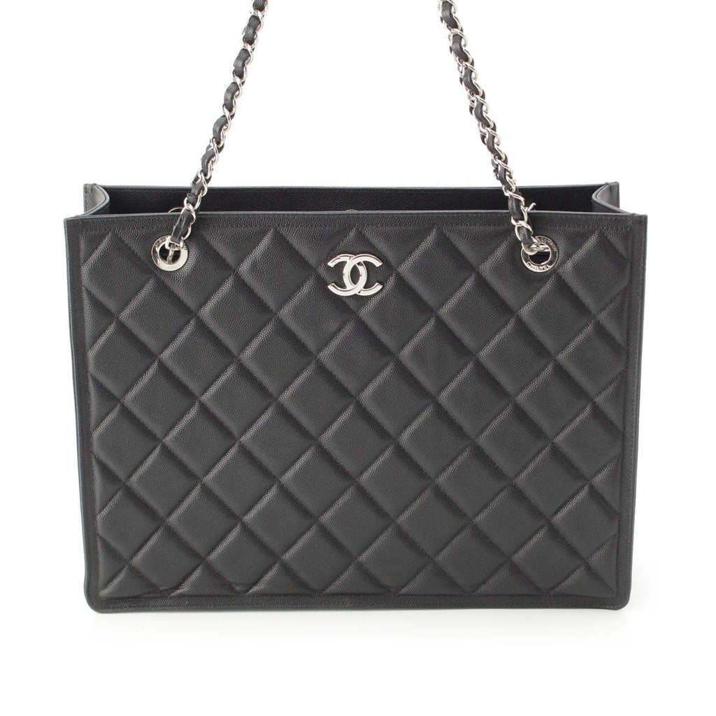 Chanel 23k Caviar Leather Quilted CC Logo Chain Tote Black Silver — view 2