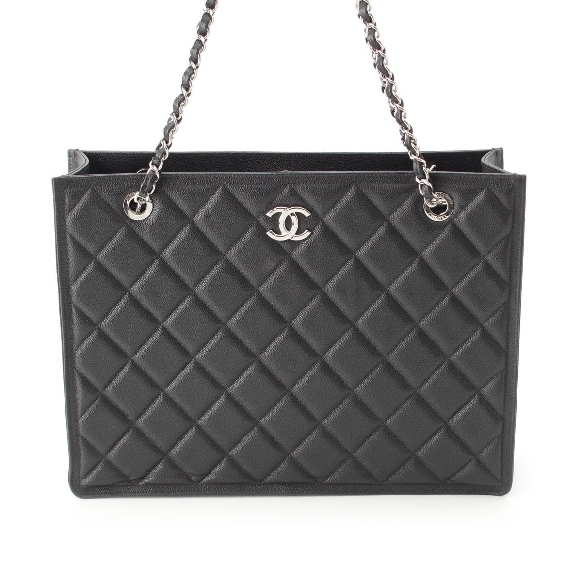 Chanel 23k Caviar Leather Quilted CC Logo Chain Tote Black Silver — view 2