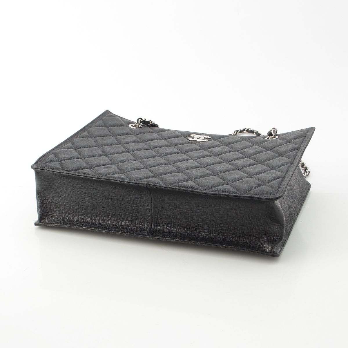 Chanel 23k Caviar Leather Quilted CC Logo Chain Tote Black Silver — view 6