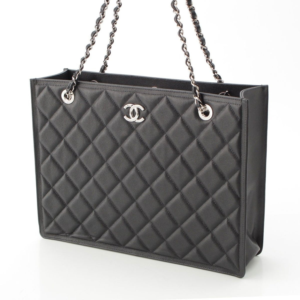 Chanel 23k Caviar Leather Quilted CC Logo Chain Tote Black Silver — view 3