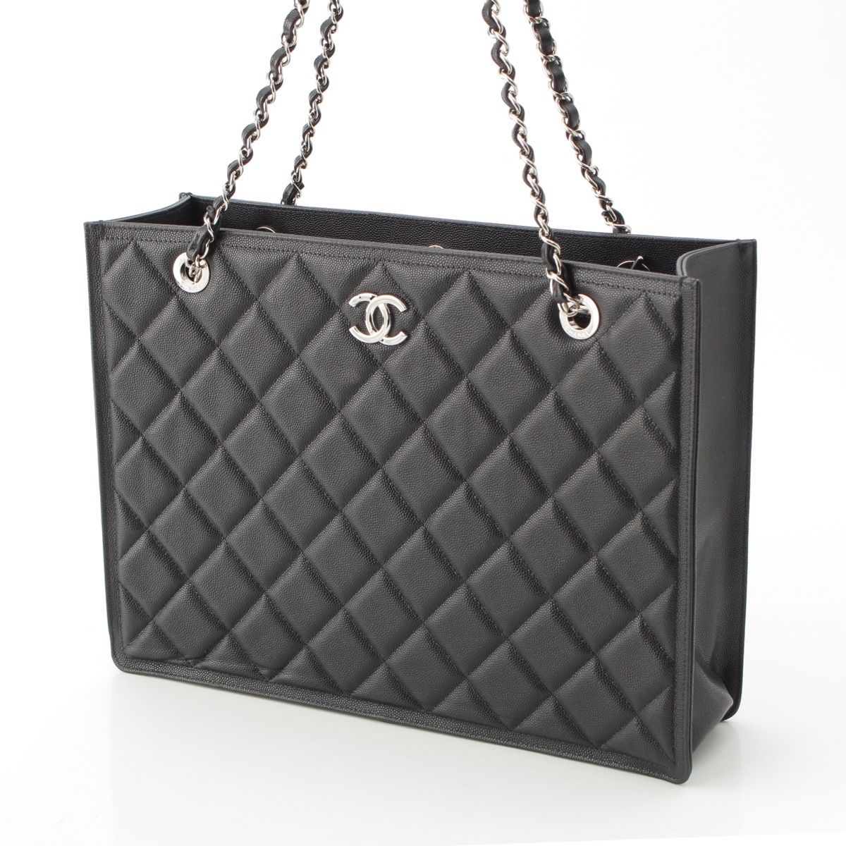 Chanel 23k Caviar Leather Quilted CC Logo Chain Tote Black Silver — view 3