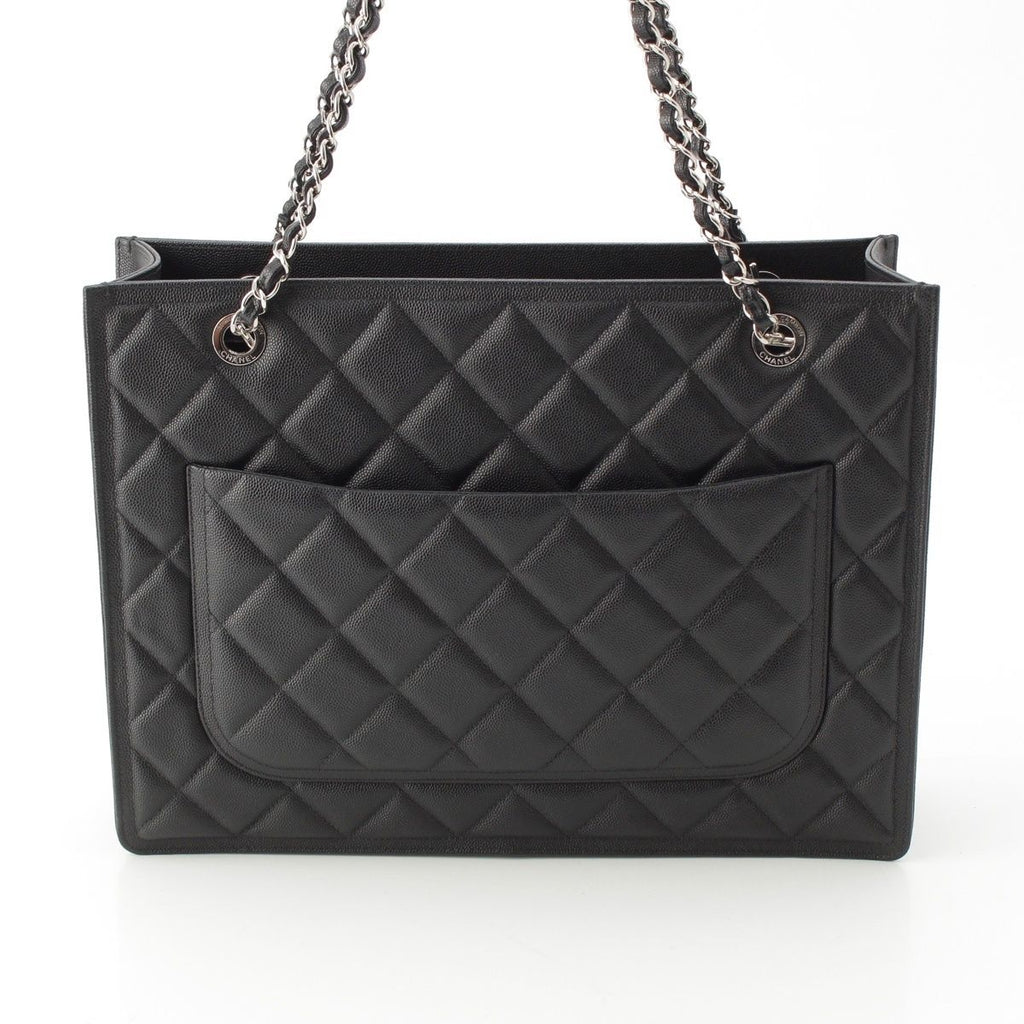 Chanel 23k Caviar Leather Quilted CC Logo Chain Tote Black Silver — view 5
