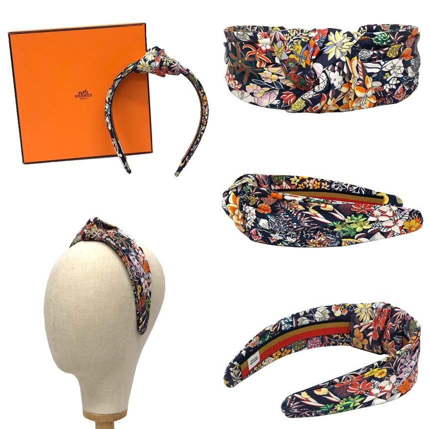 Hermes Flower Pattern Headband Knot Bloom Silk Navy Hair — view 2