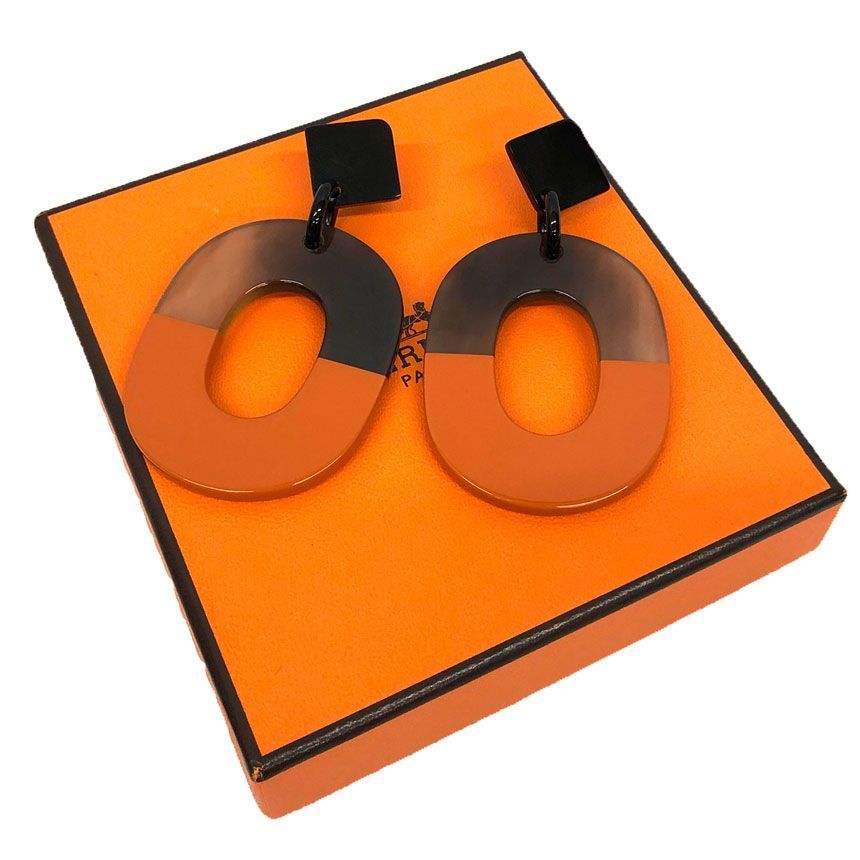 Hermes Earrings Isthme Buffalo Horn Lacquer Orange Brown — view 2