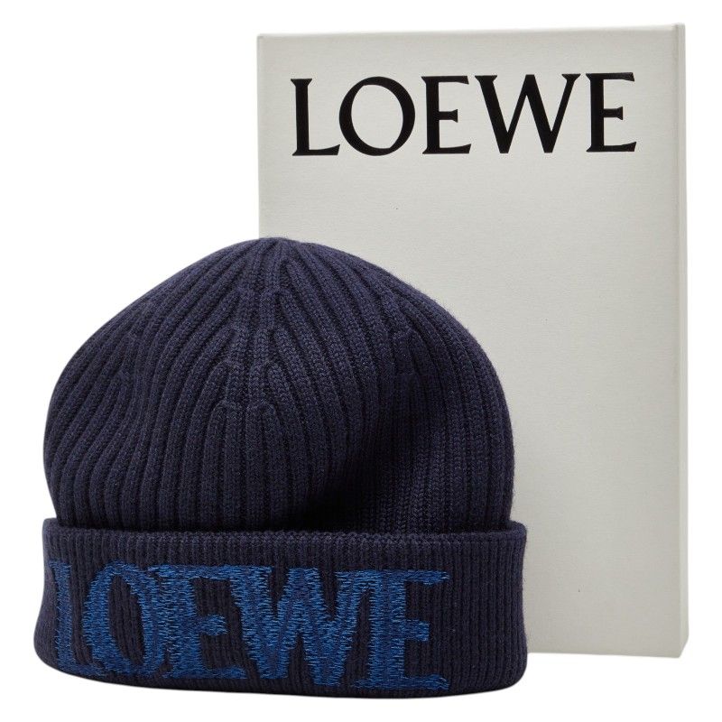 Loewe Logo Knit Cap Beanie Navy Blue Wool Hat — view 6