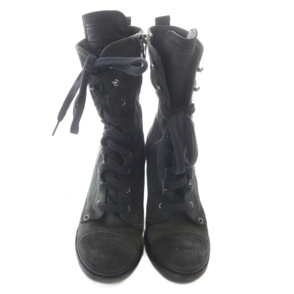 Prada Suede Boots Short High Heels 36.5 Khaki Green — view 3
