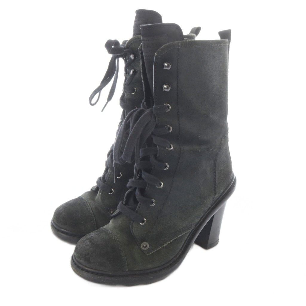 Prada Suede Boots Short High Heels 36.5 Khaki Green — view 2