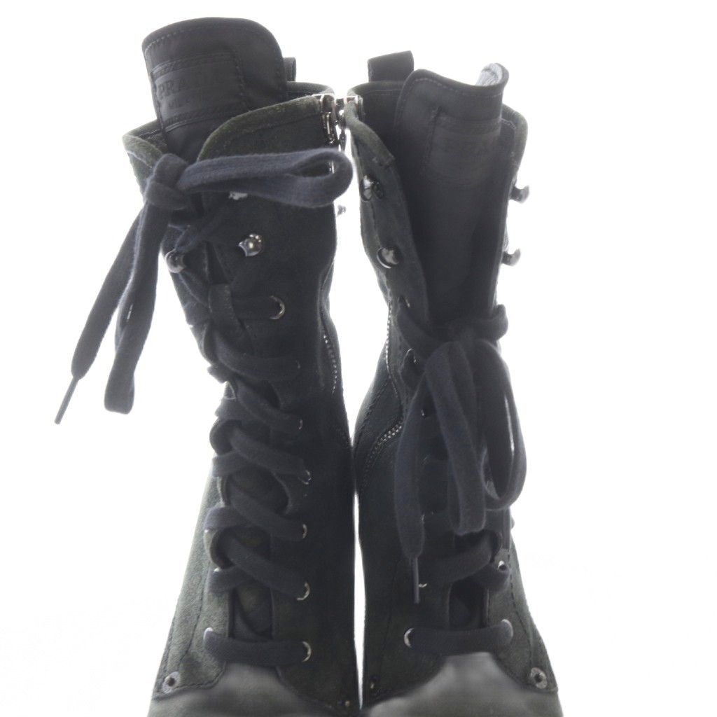 Prada Suede Boots Short High Heels 36.5 Khaki Green — view 5