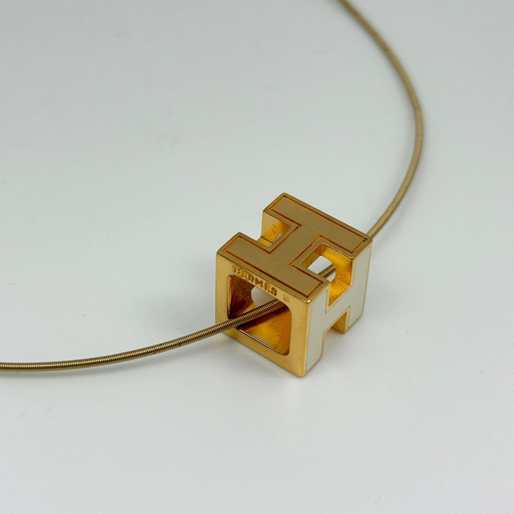 Hermes Cage Ash Cube Necklace Logo Gold Plated White — view 2