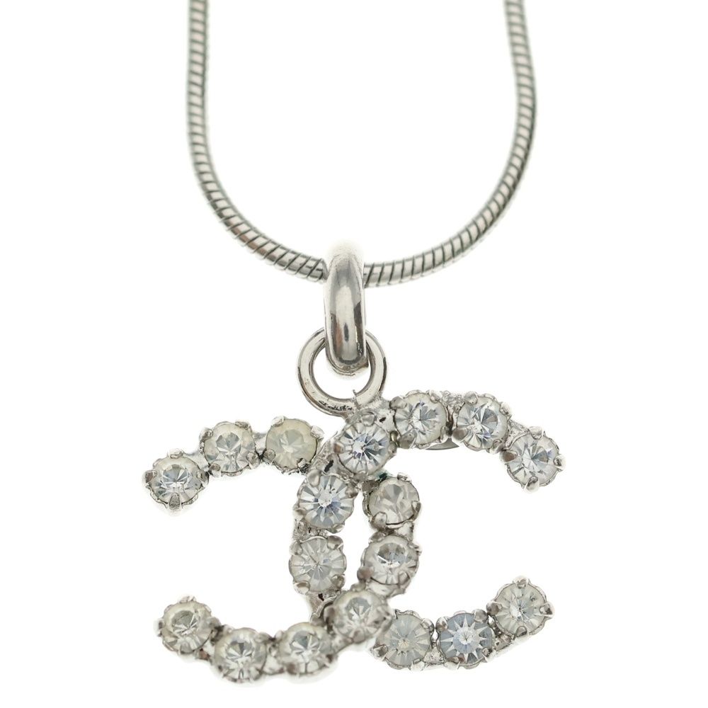 Chanel CC Logo Rhinestone Necklace Silver — view 3