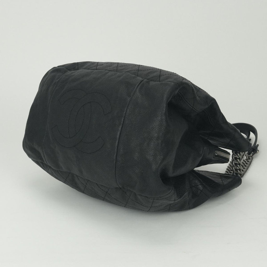 Chanel Quilted Tote Shoulder Bag Caviar Leather Black Silver Chain — view 5