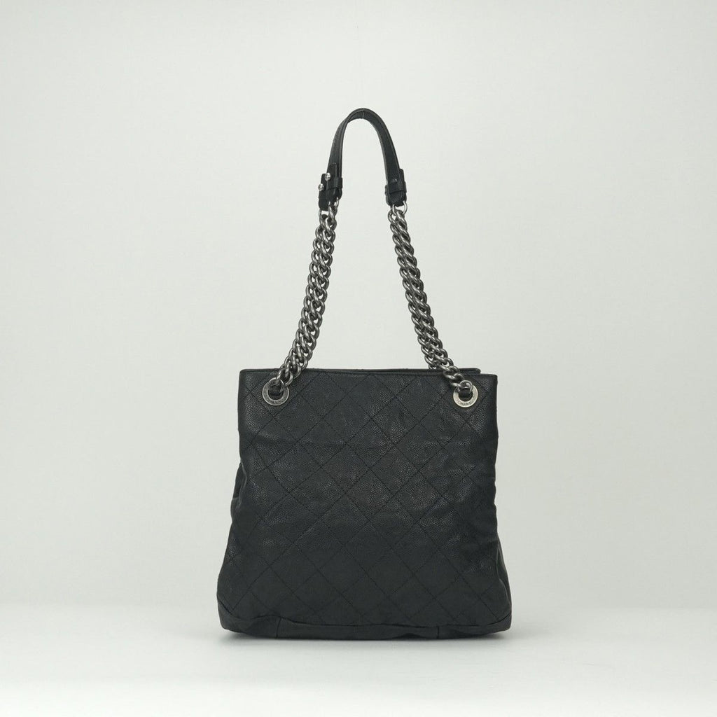 Chanel Quilted Tote Shoulder Bag Caviar Leather Black Silver Chain — view 3