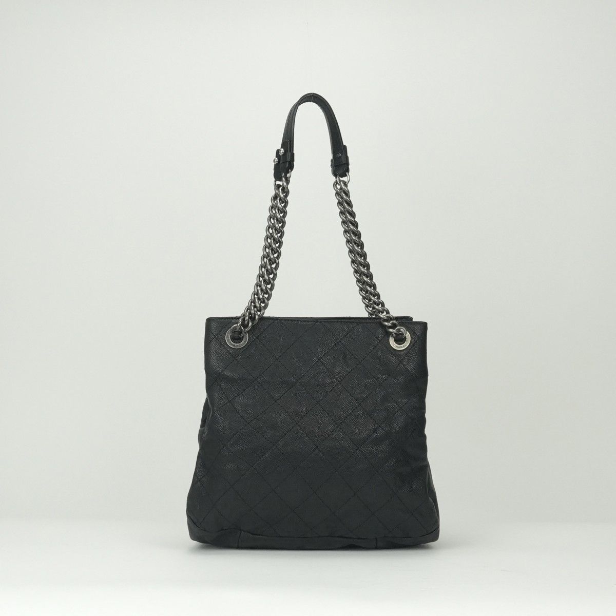 Chanel Quilted Tote Shoulder Bag Caviar Leather Black Silver Chain — view 3