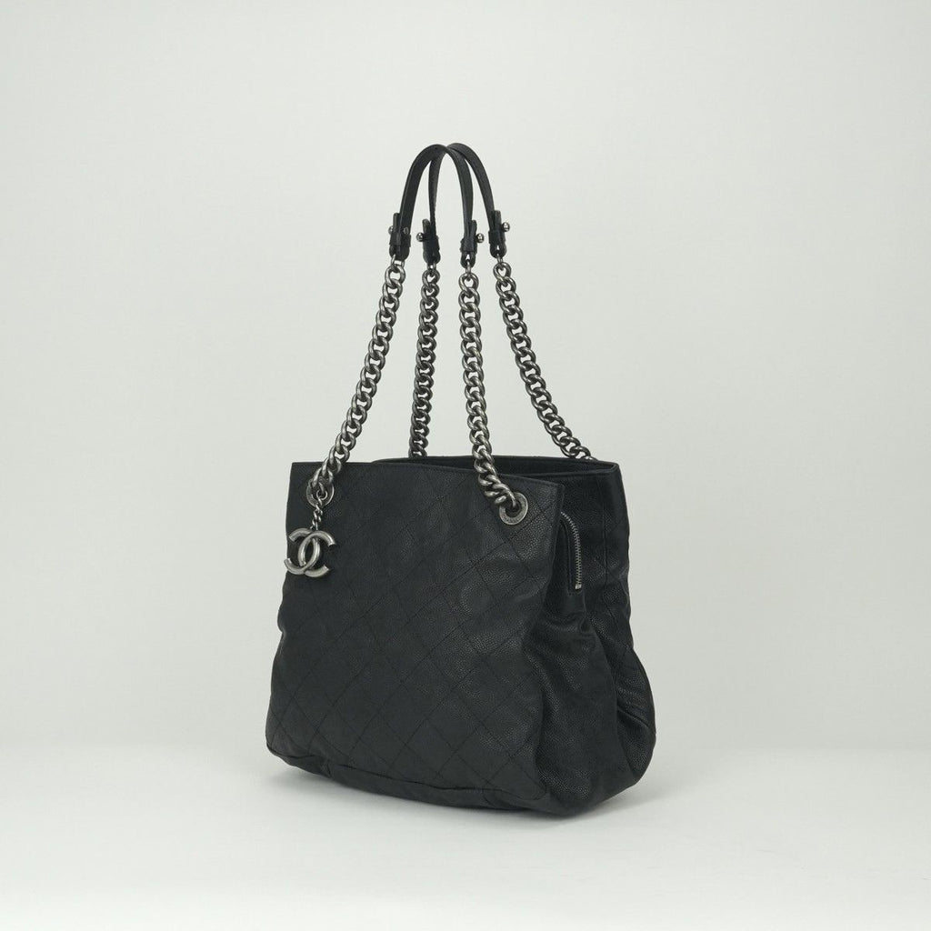 Chanel Quilted Tote Shoulder Bag Caviar Leather Black Silver Chain — view 2