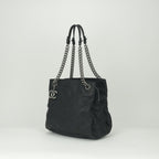 Chanel Quilted Tote Shoulder Bag Caviar Leather Black Silver Chain — view 2