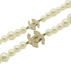 Chanel CC Logo Faux Pearl Long Necklace Pendant Rhinestone Cream Gold — view 4