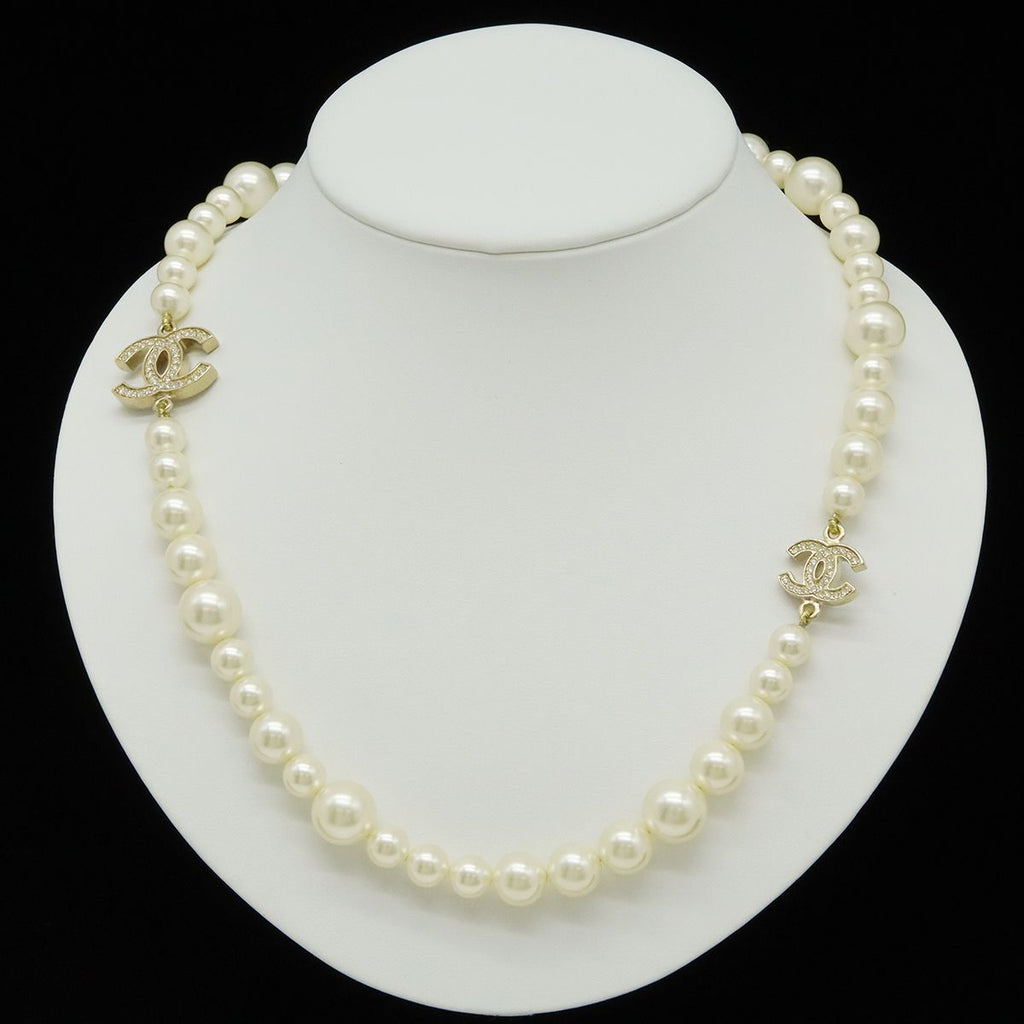 Chanel CC Logo Faux Pearl Long Necklace Pendant Rhinestone Cream Gold — view 6