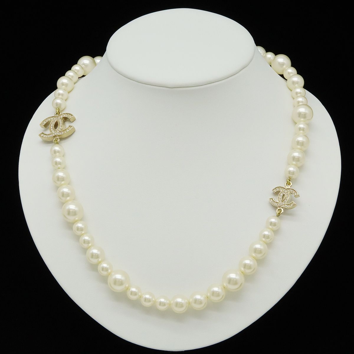 Chanel CC Logo Faux Pearl Long Necklace Pendant Rhinestone Cream Gold — view 6