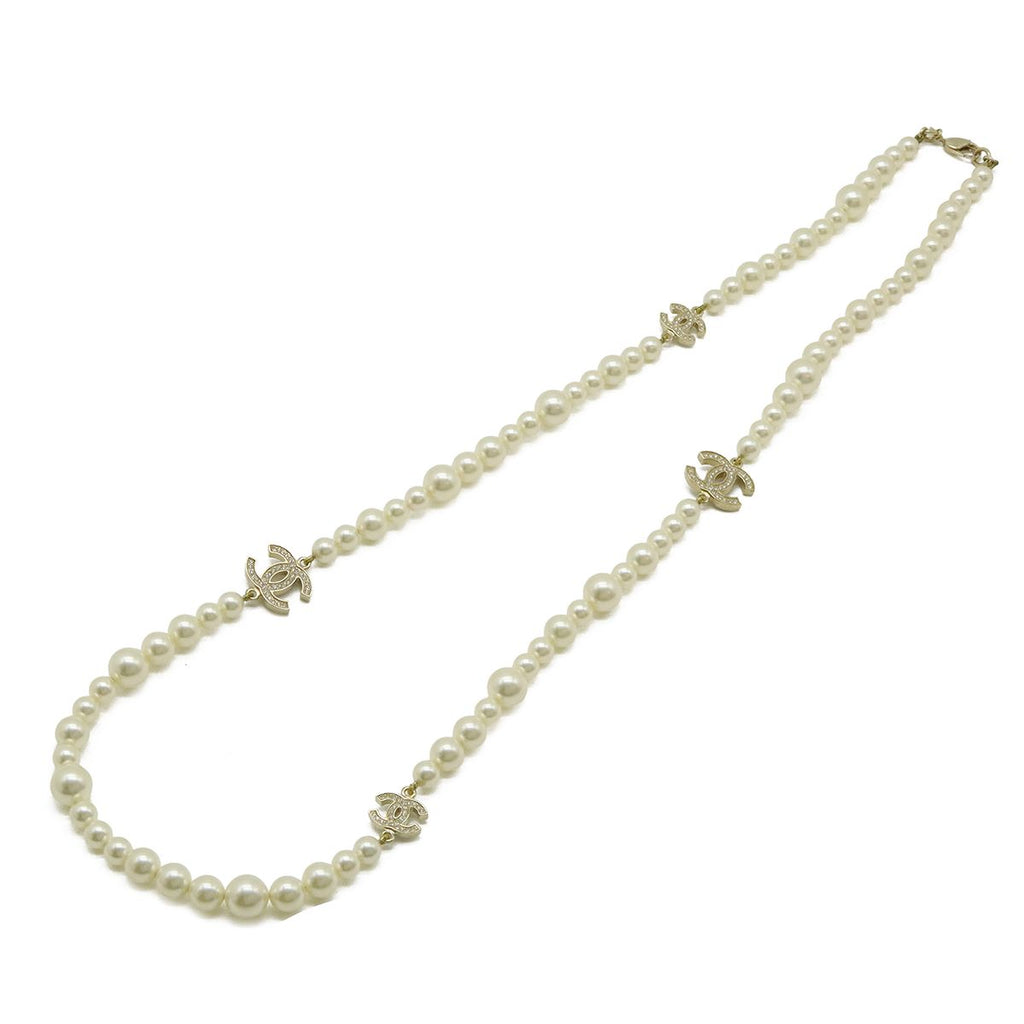 Chanel CC Logo Faux Pearl Long Necklace Pendant Rhinestone Cream Gold — view 2