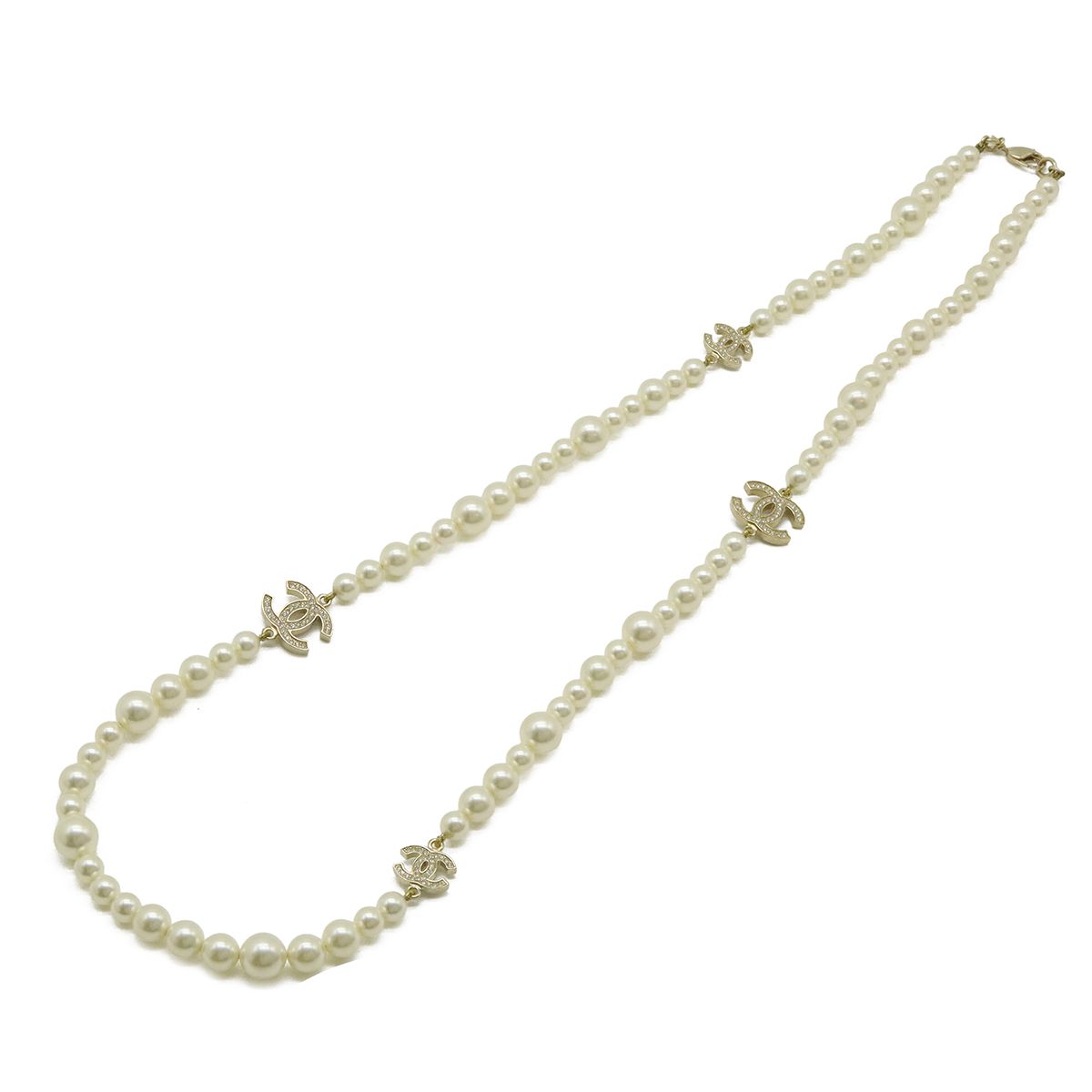 Chanel CC Logo Faux Pearl Long Necklace Pendant Rhinestone Cream Gold — view 2