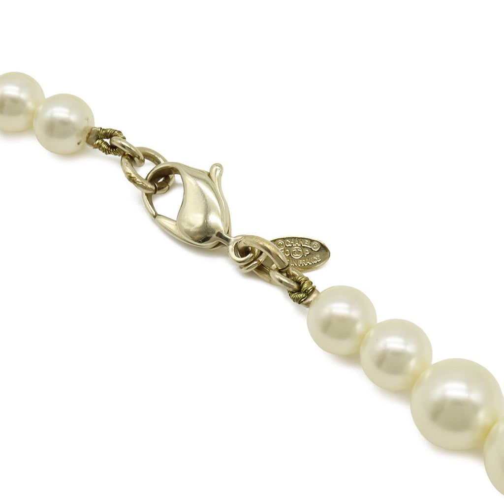 Chanel CC Logo Faux Pearl Long Necklace Pendant Rhinestone Cream Gold — view 5