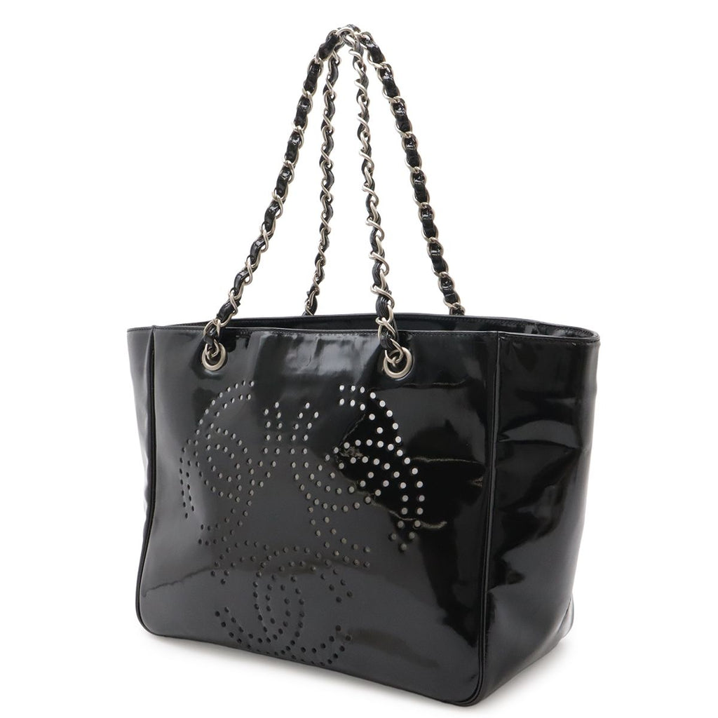 Chanel CC Logo Triple Coco Perforated Tote Chain Shoulder Bag Enamel Black — view 2
