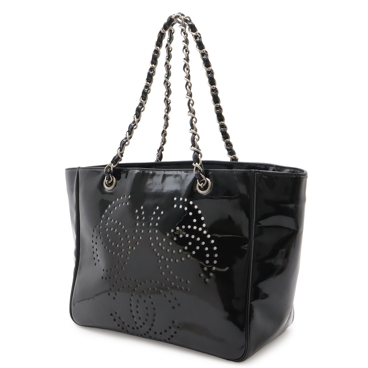 Chanel CC Logo Triple Coco Perforated Tote Chain Shoulder Bag Enamel Black — view 2