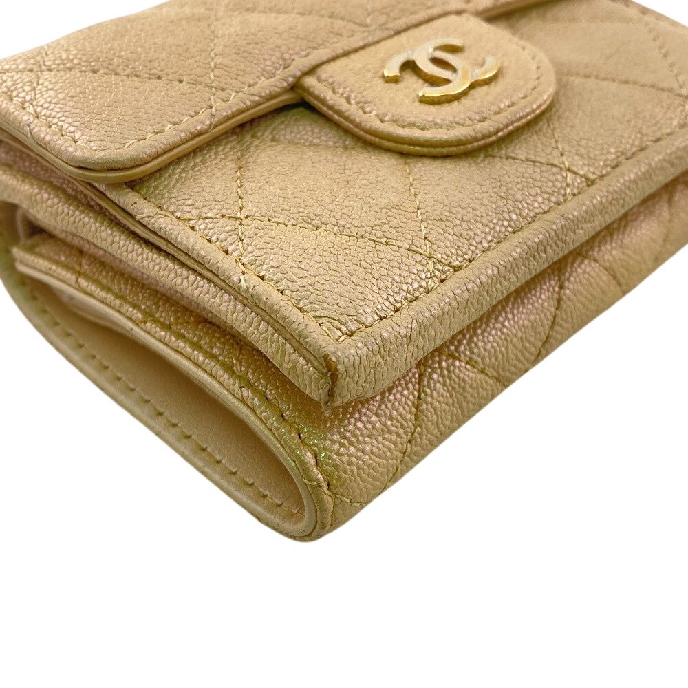 Chanel Compact Wallet Quilted Caviar Leather Trifold Beige — view 3