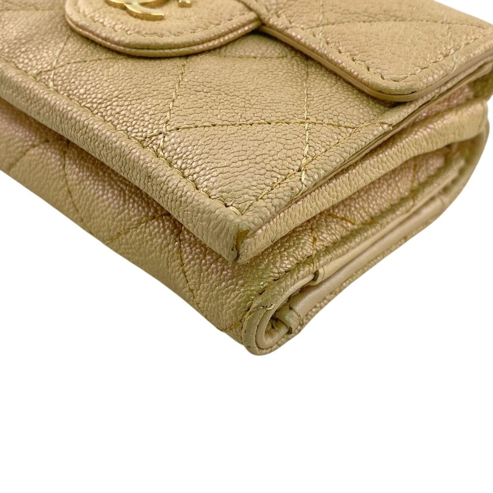 Chanel Compact Wallet Quilted Caviar Leather Trifold Beige — view 4