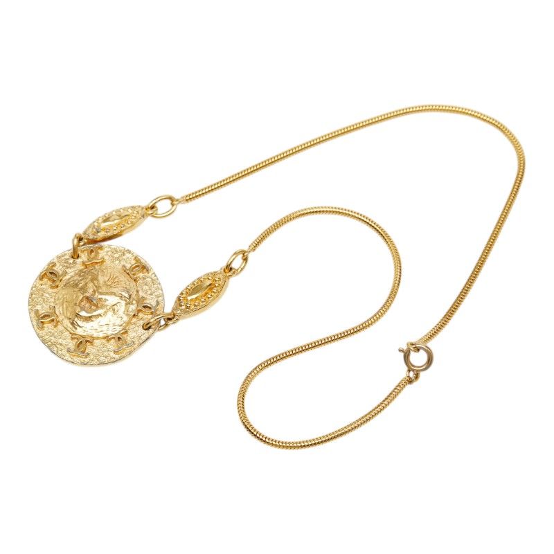 Chanel CC Logo Lion Round Pendant Necklace Gold Plated — view 4