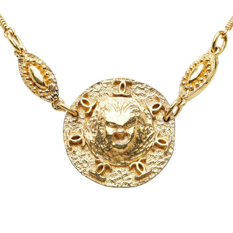 Chanel CC Logo Lion Round Pendant Necklace Gold Plated — view 2