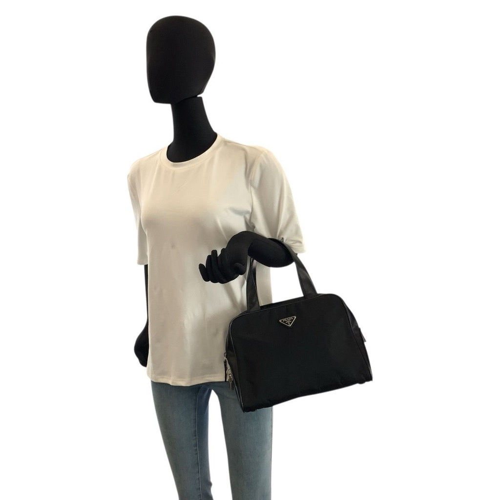 Prada Tessuto Black Silver Nylon Leather Handbag — view 6